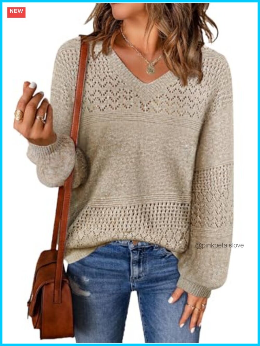 Womens Cable Knit V Neck Sweater Long Sleeve Pullover Loose Fit Acrylic